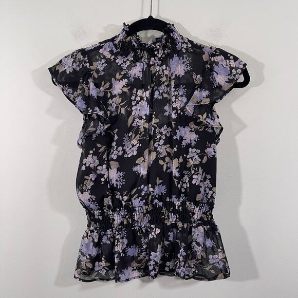 Great Jones Rent The Runway Black Floral Crinkle Chiffon Blouse Size XS - Picture 1 of 8